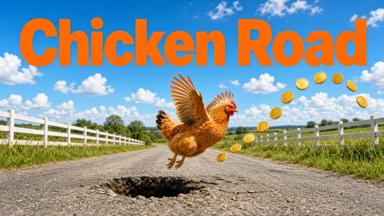 Gallina saltando un hueco en el camino con monedas y el texto Chicken Road