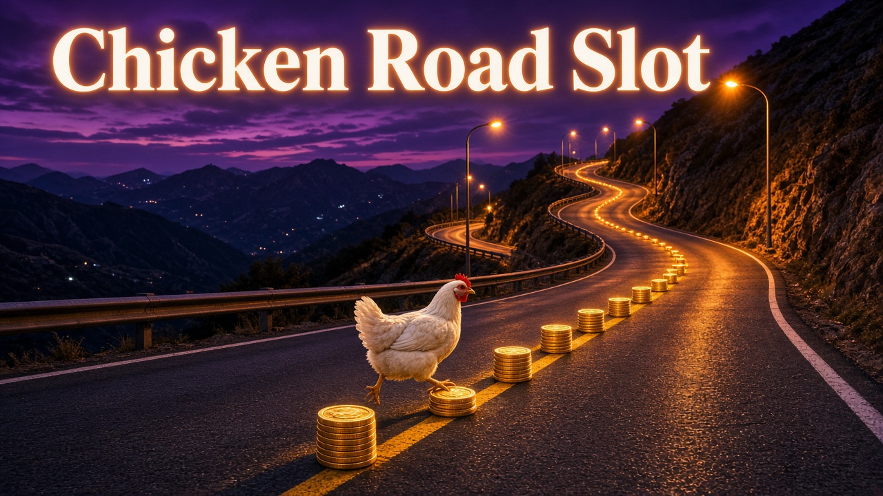Gallina blanca saltando monedas en una carretera de montaña con el texto Chicken Road Slot